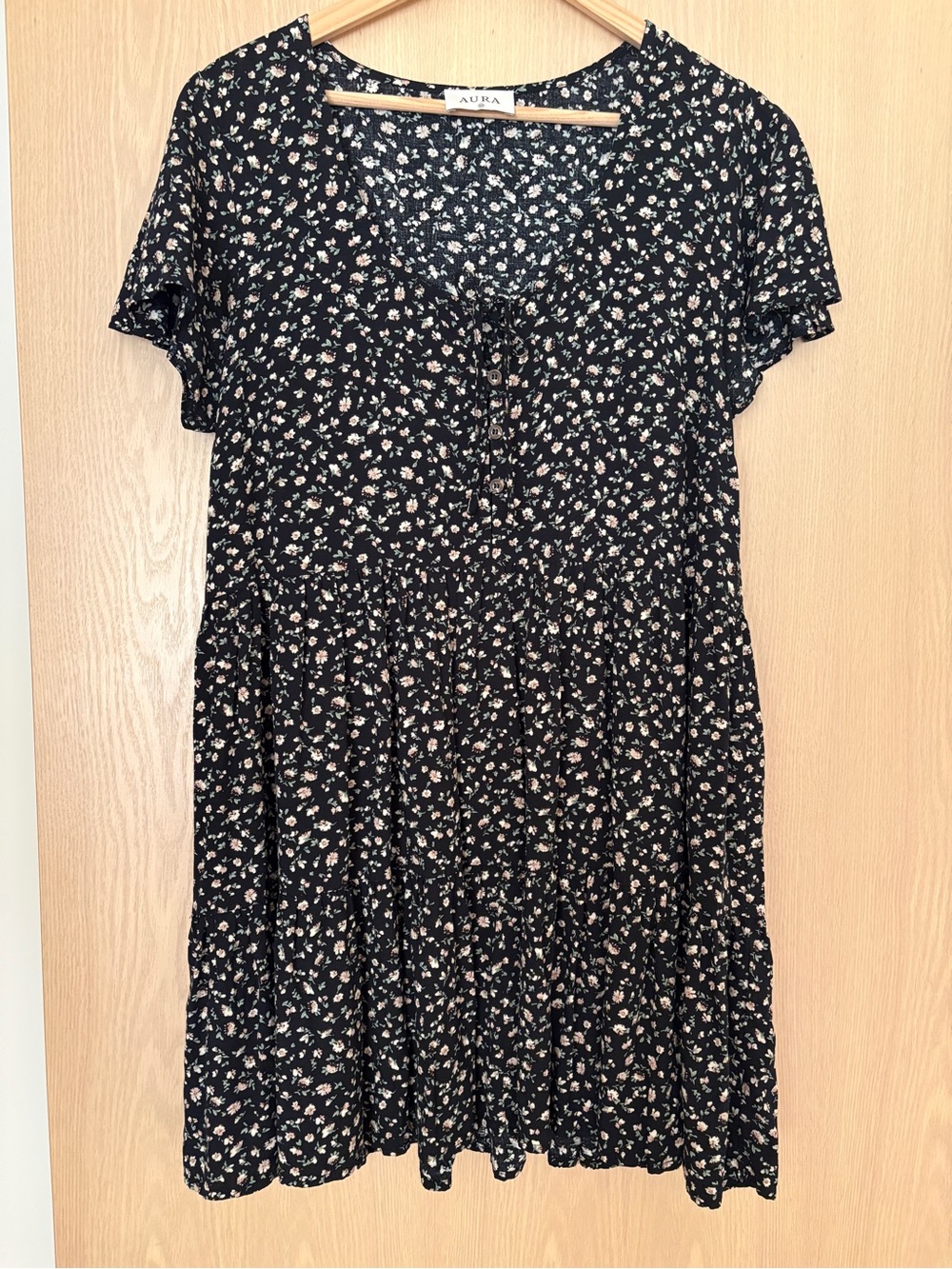 Aura Black Floral Tie-Front Dress with Cream Blossoms